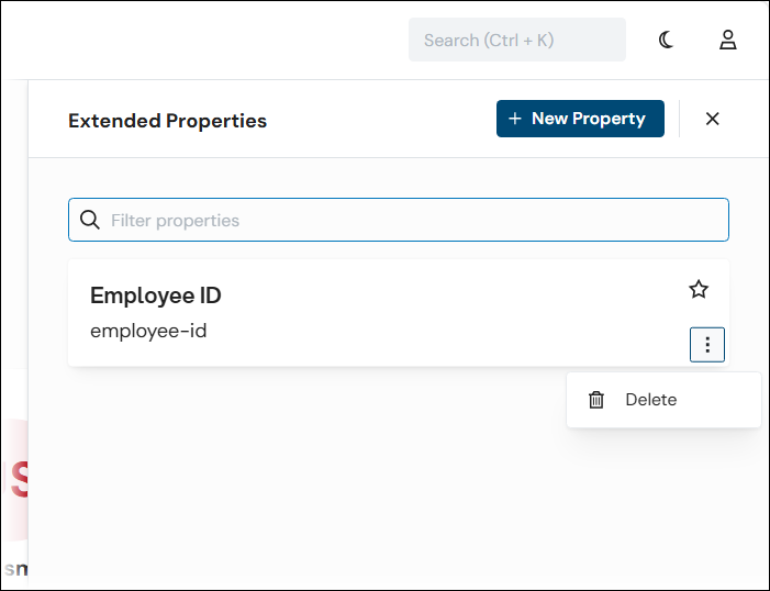 The Delete menu item for an extended property.